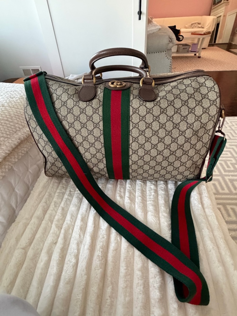 Gucci GG Supreme Duffel in Beige with Green and Red Web Stripe